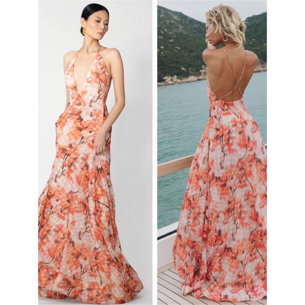 SAU LEE Calista Floral Plunging V Neckline Orange Maxi Dress Size 2 - Picture 2 of 9